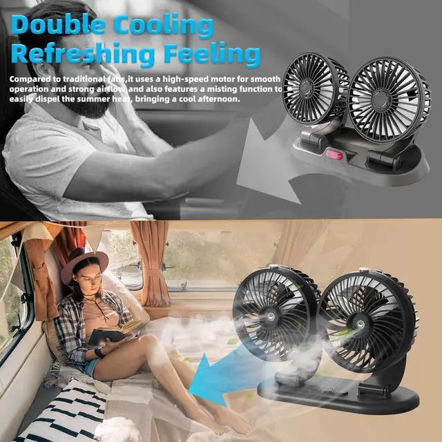 Alt view image 7 of 7 - Car Fan 5V Portable Auto Cooling Misting Fan Dual Head Rotatable USB Vehicle Fans 2 Speeds Strong Wind Electric Air Circulation Fans for Car Dashboard Truck SUV Sedan RV Van Boat Golf Cart