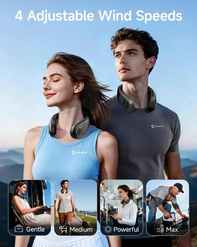 Alt view image 2 of 7 - Portable Neck Fan: 5200mAh Bladeless Personal Fan | 4 Speeds, 20H Max Runtime, No Hair Twist Quiet Wearable Fan for Travel | Birthday Gifts for Men Women Mom Dad