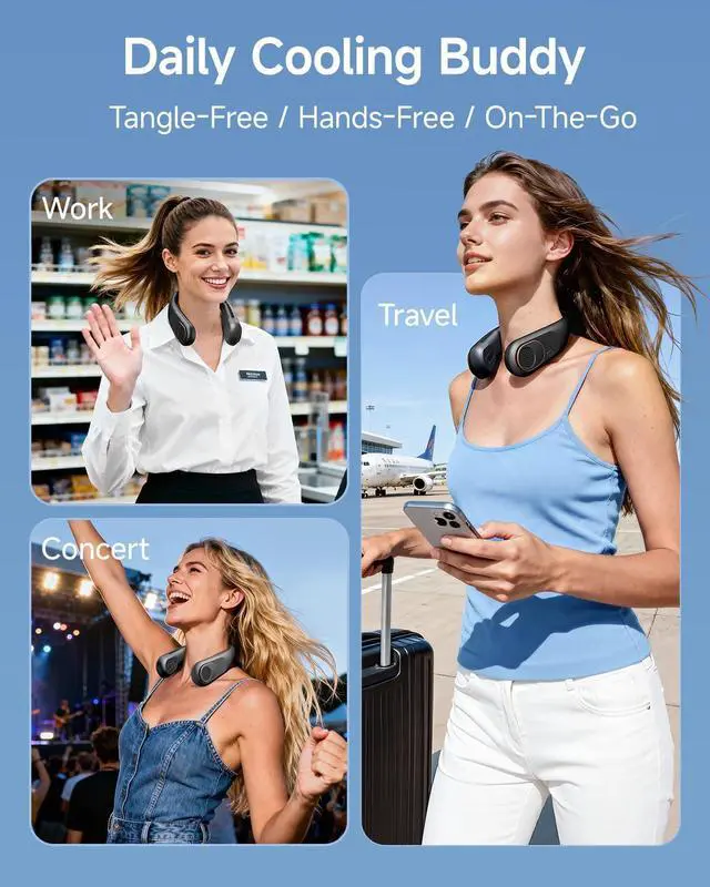 Alt view image 7 of 7 - Portable Neck Fan: 5200mAh Bladeless Personal Fan | 4 Speeds, 20H Max Runtime, No Hair Twist Quiet Wearable Fan for Travel | Birthday Gifts for Men Women Mom Dad