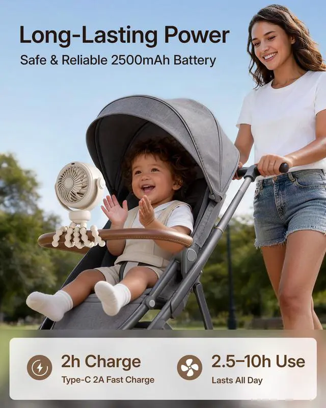 Alt view image 4 of 6 - Portable Stroller Fan, Pinch-Proof Baby Fan, 5-Speed Quiet Mini Clip on Fan, USB-C Rechargeable Battery, LED Display for Car Seat, Crib & Travel - Cream
