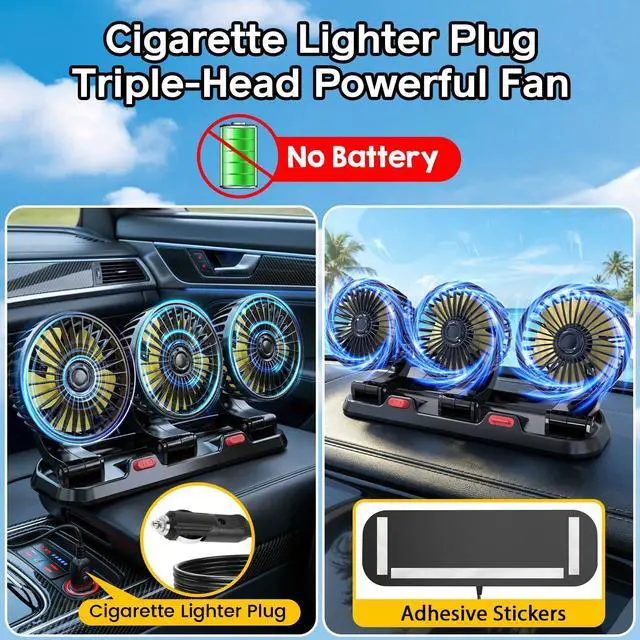 Alt view image 5 of 7 - Portable 3-Head Car Cooling Fan, Fans for Vehicles Cars Trucks Dashboard (Cigarette Lighter Plug, No Battery)