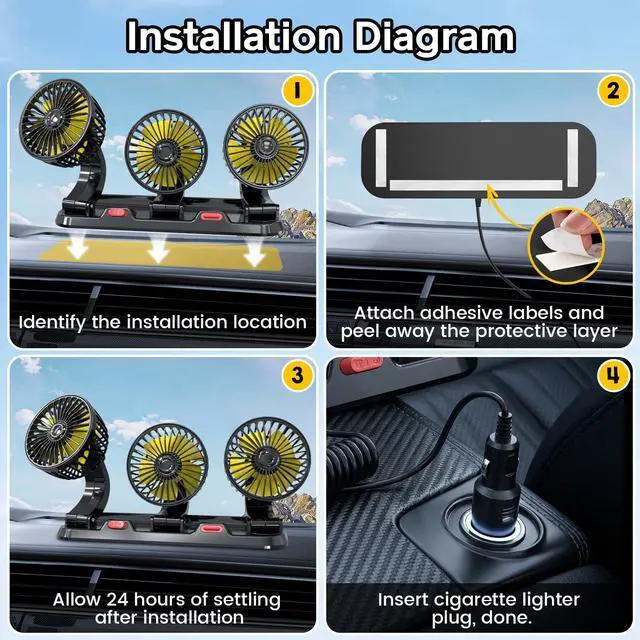 Alt view image 7 of 7 - Portable 3-Head Car Cooling Fan, Fans for Vehicles Cars Trucks Dashboard (Cigarette Lighter Plug, No Battery)