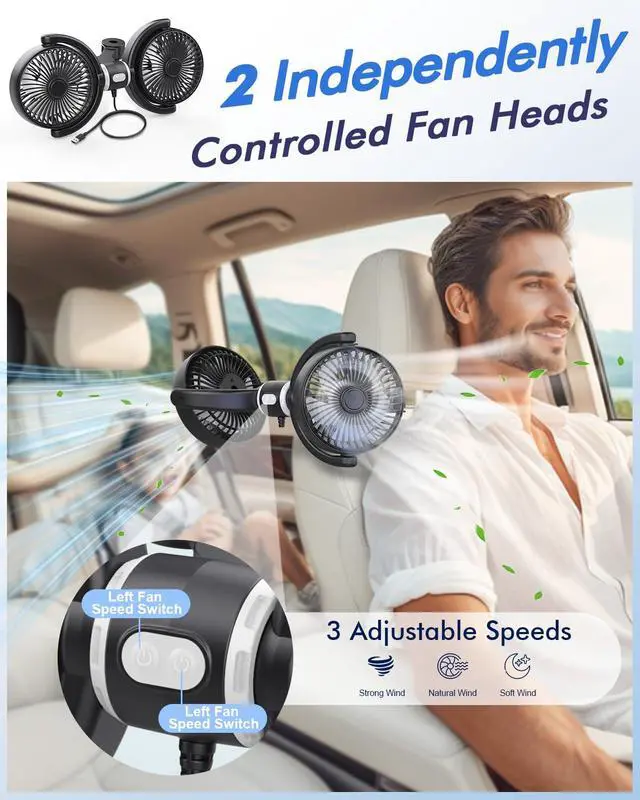 Alt view image 4 of 7 - Car Fan USB Powered for Baby: Dual Car Cooling Fans for Backseat 3 Speed Separate Controlled Quiet Brushless Motor 360° Rotatable 5V 2A Rear Seat Air Circulation for Vehicle Van Truck SUV RV(USB Plug)