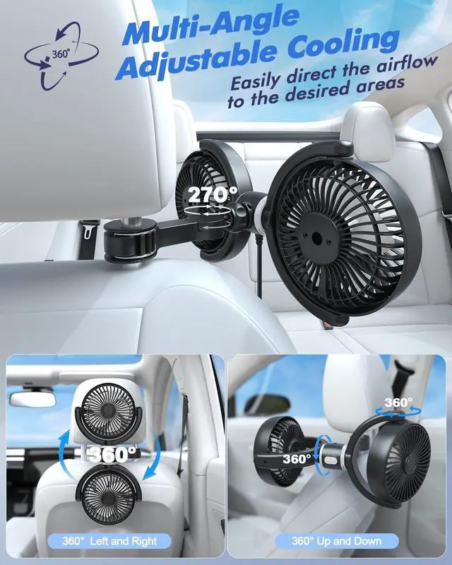 Alt view image 5 of 7 - Car Fan USB Powered for Baby: Dual Car Cooling Fans for Backseat 3 Speed Separate Controlled Quiet Brushless Motor 360° Rotatable 5V 2A Rear Seat Air Circulation for Vehicle Van Truck SUV RV(USB Plug)