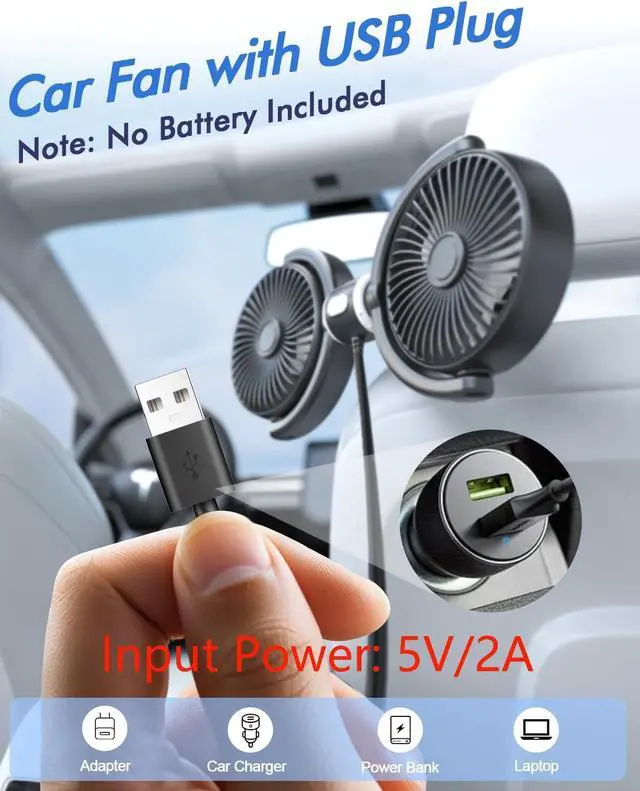 Alt view image 2 of 7 - Car Fan USB Powered for Baby: Dual Car Cooling Fans for Backseat 3 Speed Separate Controlled Quiet Brushless Motor 360° Rotatable 5V 2A Rear Seat Air Circulation for Vehicle Van Truck SUV RV(USB Plug)