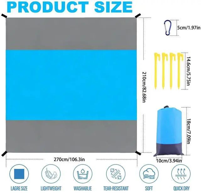 Alt view image 2 of 7 - Beach Blanket Waterproof Sandproof 83"x107" 1-6 Adults Extra Large Beach Mat Quick Drying Outdoor Picnic Mat Beach Accessories for Travel, Camping, Hiking