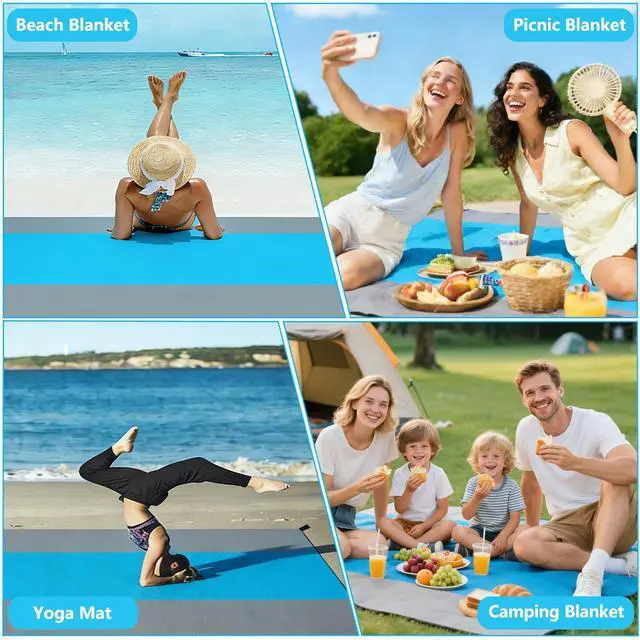 Alt view image 5 of 7 - Beach Blanket Waterproof Sandproof 83"x107" 1-6 Adults Extra Large Beach Mat Quick Drying Outdoor Picnic Mat Beach Accessories for Travel, Camping, Hiking