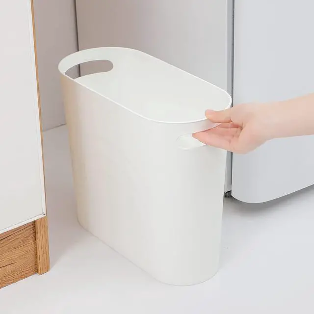 Alt view image 2 of 7 - Small Trash Can, 3.5 Gallon Slim Garbage Can Plastic Waste Basket with Handles Container Bin for Narrow Spaces Bathroom, Bedroom, Kitchen, Office at Home, 2 Pack White