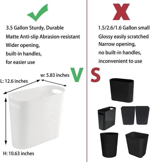 Alt view image 3 of 7 - Small Trash Can, 3.5 Gallon Slim Garbage Can Plastic Waste Basket with Handles Container Bin for Narrow Spaces Bathroom, Bedroom, Kitchen, Office at Home, 2 Pack White