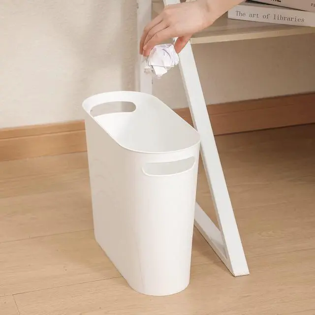 Alt view image 7 of 7 - Small Trash Can, 3.5 Gallon Slim Garbage Can Plastic Waste Basket with Handles Container Bin for Narrow Spaces Bathroom, Bedroom, Kitchen, Office at Home, 2 Pack White