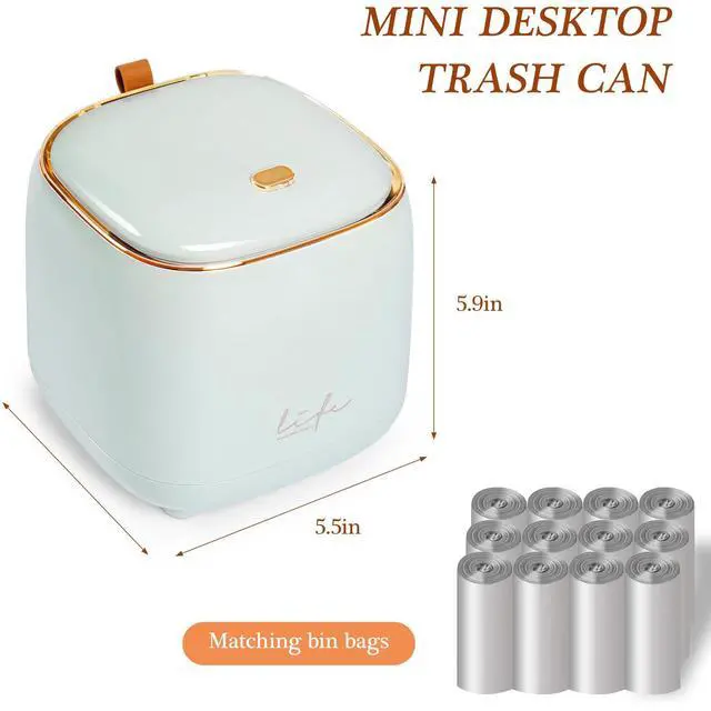 Alt view image 2 of 6 - Mini Countertop Trash Can with 10 Rolls of Trash Bags, Desk Tiny Trash Can with Press Type Lid, Desktop TrashCan Applicable for Bathroom Vanity Home Office (Light Blue)
