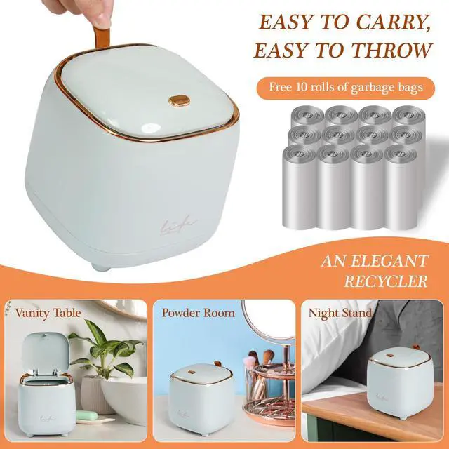 Alt view image 3 of 6 - Mini Countertop Trash Can with 10 Rolls of Trash Bags, Desk Tiny Trash Can with Press Type Lid, Desktop TrashCan Applicable for Bathroom Vanity Home Office (Light Blue)