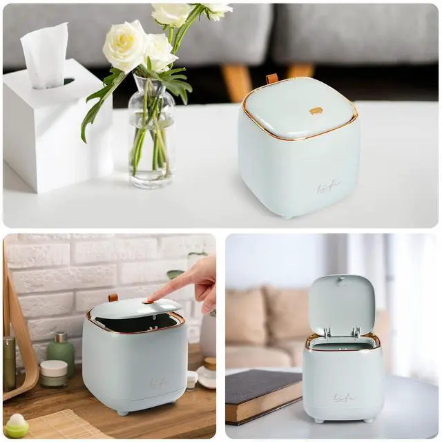 Alt view image 4 of 6 - Mini Countertop Trash Can with 10 Rolls of Trash Bags, Desk Tiny Trash Can with Press Type Lid, Desktop TrashCan Applicable for Bathroom Vanity Home Office (Light Blue)