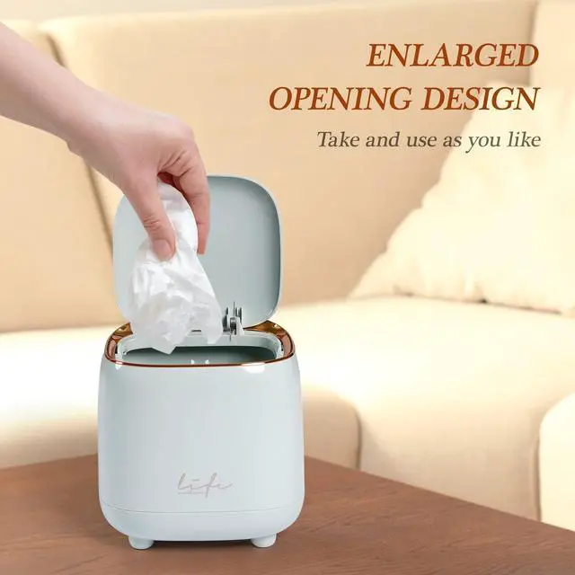 Alt view image 6 of 6 - Mini Countertop Trash Can with 10 Rolls of Trash Bags, Desk Tiny Trash Can with Press Type Lid, Desktop TrashCan Applicable for Bathroom Vanity Home Office (Light Blue)