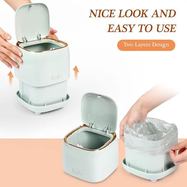 Alt view image 5 of 6 - Mini Countertop Trash Can with 10 Rolls of Trash Bags, Desk Tiny Trash Can with Press Type Lid, Desktop TrashCan Applicable for Bathroom Vanity Home Office (Light Blue)