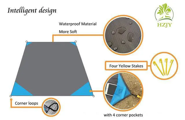 Alt view image 2 of 7 - Pocket Blanket 71"x55", Lightweight Compact Sandproof Waterproof Outdoor Blanket for Beach, Hiking, Camping, Travel, Festivals, Picnic with Pockets, Loops, Stakes, Carabiner
