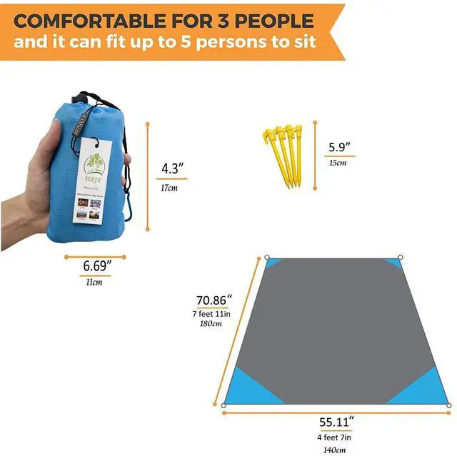 Alt view image 3 of 7 - Pocket Blanket 71"x55", Lightweight Compact Sandproof Waterproof Outdoor Blanket for Beach, Hiking, Camping, Travel, Festivals, Picnic with Pockets, Loops, Stakes, Carabiner