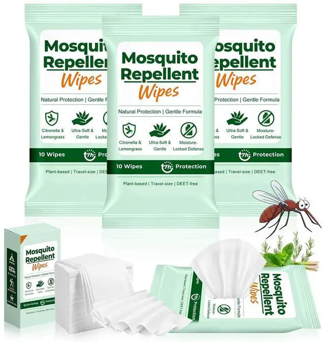 Main image of Mosquito Repellent Wipes, 40 Count Outdoor Insect Bug Repellent Wipes with Natural Citronella, DEET Free, Travel Size, Resealable Pouches 10 Wipes Each for Camping Hiking Travel Patio Garden