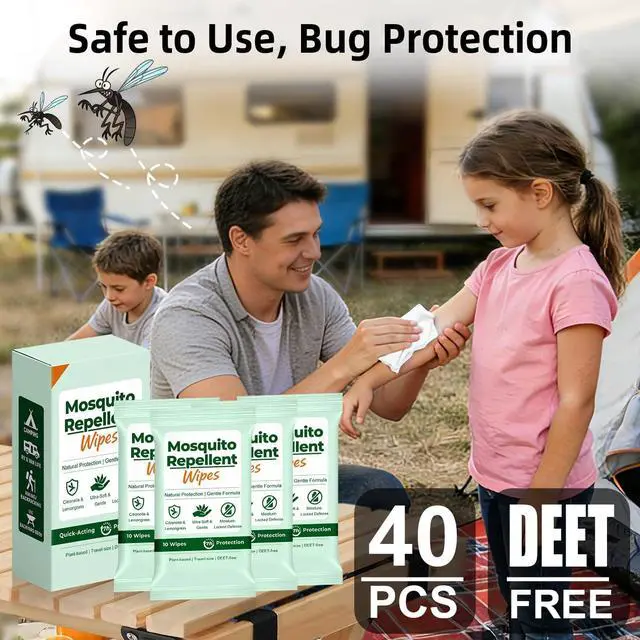 Alt view image 3 of 6 - Mosquito Repellent Wipes, 40 Count Outdoor Insect Bug Repellent Wipes with Natural Citronella, DEET Free, Travel Size, Resealable Pouches 10 Wipes Each for Camping Hiking Travel Patio Garden