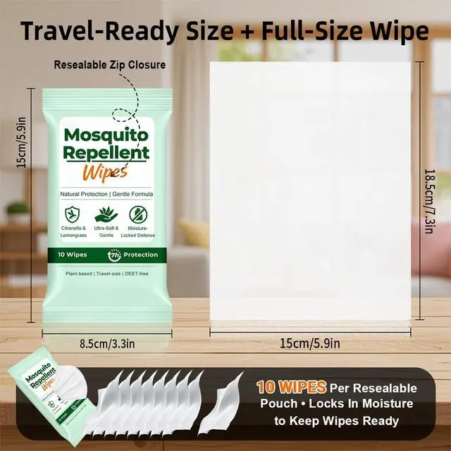 Alt view image 4 of 6 - Mosquito Repellent Wipes, 40 Count Outdoor Insect Bug Repellent Wipes with Natural Citronella, DEET Free, Travel Size, Resealable Pouches 10 Wipes Each for Camping Hiking Travel Patio Garden