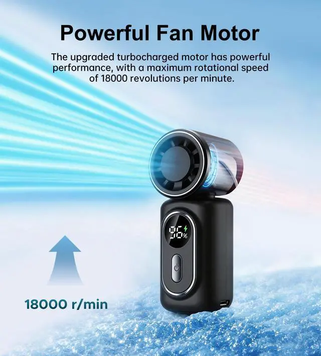 Alt view image 5 of 7 - Portable handheld small fan, with built-in fixed clamp, featuring 6-speed adjustable high-speed personal fan, LED display screen, rechargeable, suitable for use in makeup, travel, indoor and outdoor