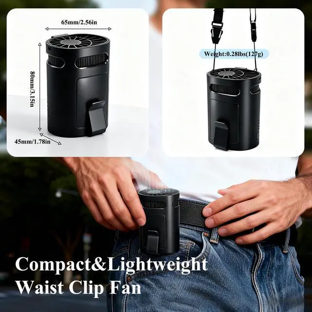 Alt view image 4 of 6 - 2026 Portable Waist & Neck Fan - Rechargeable 4-Speed Quiet Clip On Personal Cooling Device for Camping, Construction, Outdoor (Black)