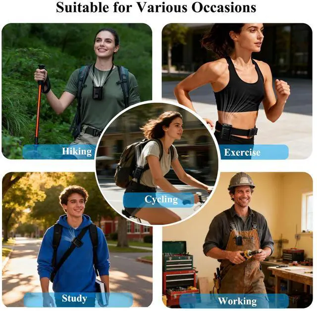 Alt view image 6 of 6 - 2026 Portable Waist & Neck Fan - Rechargeable 4-Speed Quiet Clip On Personal Cooling Device for Camping, Construction, Outdoor (Black)