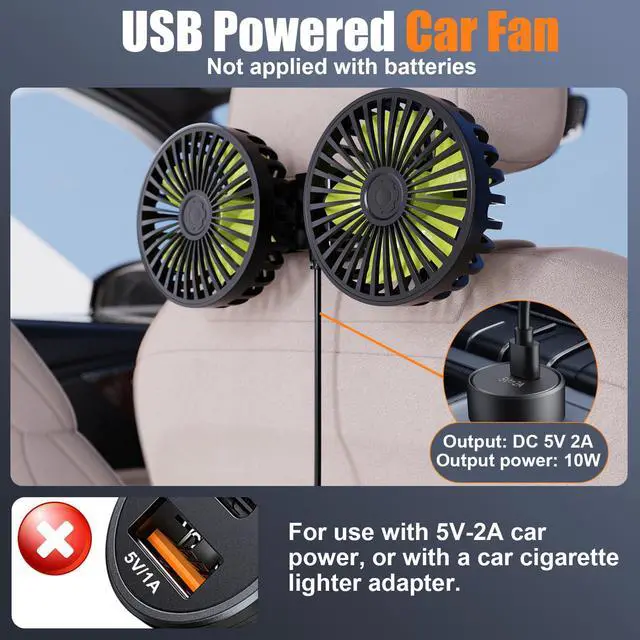 Alt view image 2 of 7 - USB Car Cooling Fans for Backseat: Dual Head Car Fan for Kids 3 Speeds 360° Rotatable Vehicle Rear Headrest Fans 5V/2A Powerful Electric Air Circulation Fan for Sedan SUV RV Truck (USB Plug)