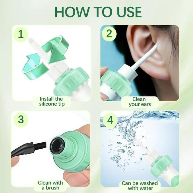 Alt view image 5 of 7 - Electric Ear Wax Removal Tool with Vibration Suction, Ear Wax Vacuum Cleaner, Soft Silicone Spoon with 2 Washable Replaceable Tips Ear Cleaning for Family, Portable Case,Aqua Green