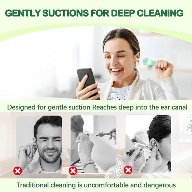 Alt view image 6 of 7 - Electric Ear Wax Removal Tool with Vibration Suction, Ear Wax Vacuum Cleaner, Soft Silicone Spoon with 2 Washable Replaceable Tips Ear Cleaning for Family, Portable Case,Aqua Green