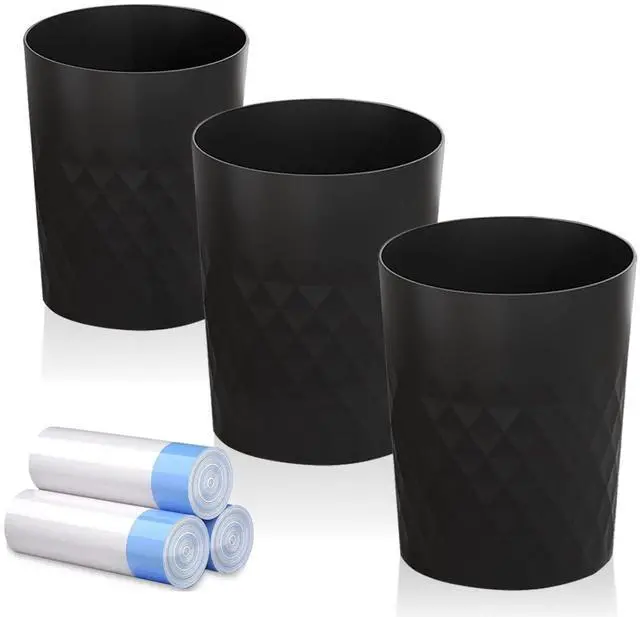 Main image of 3 Pack Small Trash Can with Trash Bags Bathroom Garbage Bin Round Plastic Waste Basket for Kitchen, Bedroom, Office, College Dorm, Craft Room, Black