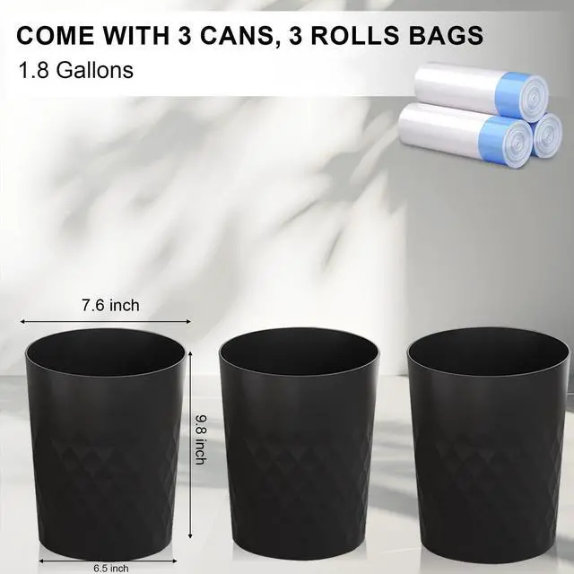 Alt view image 4 of 6 - 3 Pack Small Trash Can with Trash Bags Bathroom Garbage Bin Round Plastic Waste Basket for Kitchen, Bedroom, Office, College Dorm, Craft Room, Black
