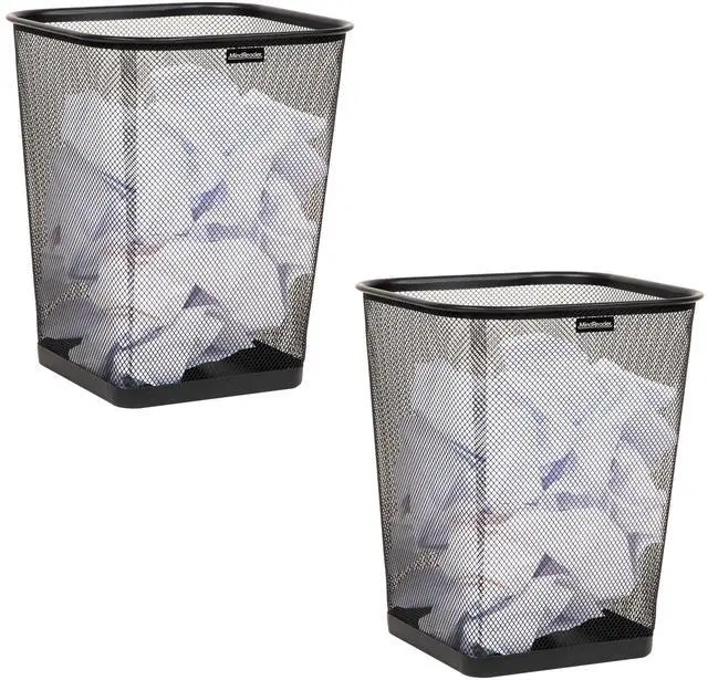 Main image of Mesh Trash Can, Waste Paper Basket, Square, Office, Metal Mesh, Set of 2, Black