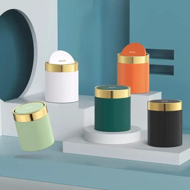Alt view image 4 of 5 - Mini Trash Can with Lid, Desktop Small Trash Can Recycling Bin Cute Metal Garbage Can for Tabletop Countertop Use,Stainless Steel 0.4 Gallon/1.5 Liter Waste Bin for Office Parlor Bedroom,Dark Green
