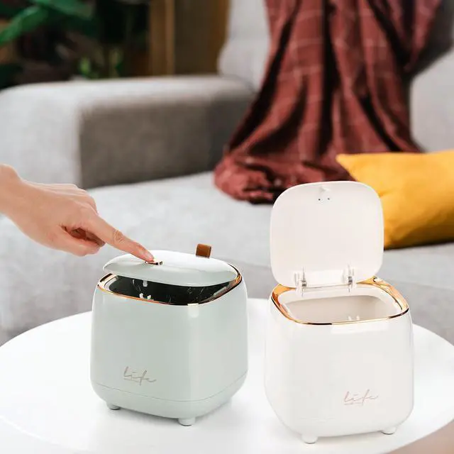 Alt view image 5 of 7 - 2 Pack Tabletop Trash Can with Pop-up Lid, Mini Plastic Countertop Trash Can Wastebasket Rubbish Bin, Small Desktop Garbage Can with Removable Inner for Bathroom Vanity, Bedroom, Office, Car