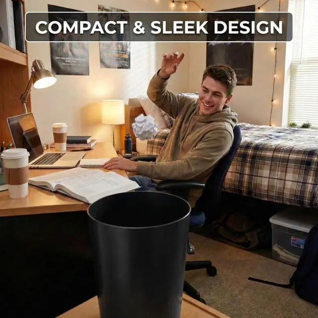Alt view image 2 of 7 - Mini Waste Basket - Durable Small Plastic Garbage Trash Can Bin - Lidless Open-Top, Slim Profile for Compact Spaces - Suitable for Home, Bathroom, Office, Bedroom, Kitchen and More, Black