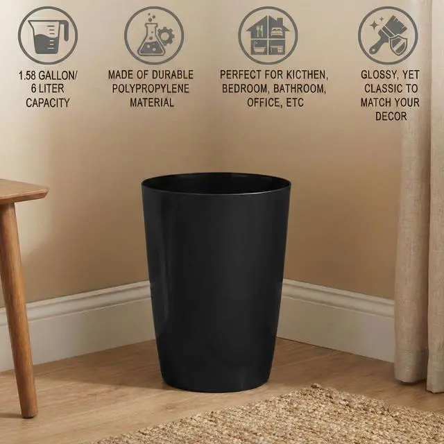 Alt view image 4 of 7 - Mini Waste Basket - Durable Small Plastic Garbage Trash Can Bin - Lidless Open-Top, Slim Profile for Compact Spaces - Suitable for Home, Bathroom, Office, Bedroom, Kitchen and More, Black