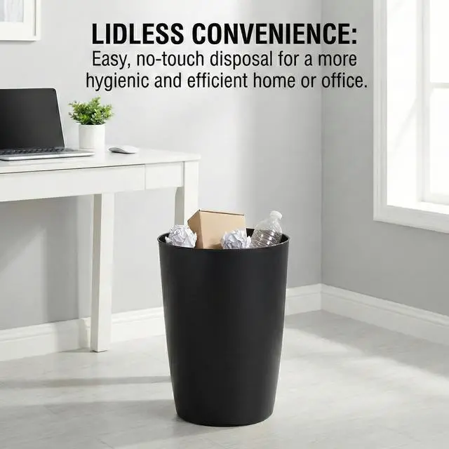 Alt view image 5 of 7 - Mini Waste Basket - Durable Small Plastic Garbage Trash Can Bin - Lidless Open-Top, Slim Profile for Compact Spaces - Suitable for Home, Bathroom, Office, Bedroom, Kitchen and More, Black