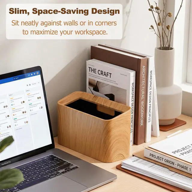 Alt view image 2 of 7 - 2 Pack Mini Desk Trash Can, 0.4 Gal Double-Layer Small Garbage Bin Tabletop Trash Can with Wood Grain Finish, Slim Plastic Uncovered Countertop Waste Bin for Office Bedroom Coffee Table