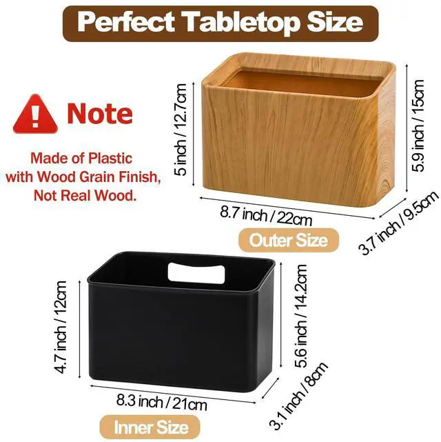 Alt view image 3 of 7 - 2 Pack Mini Desk Trash Can, 0.4 Gal Double-Layer Small Garbage Bin Tabletop Trash Can with Wood Grain Finish, Slim Plastic Uncovered Countertop Waste Bin for Office Bedroom Coffee Table