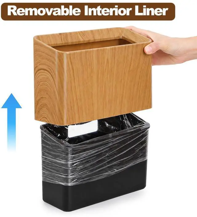 Alt view image 6 of 7 - 2 Pack Mini Desk Trash Can, 0.4 Gal Double-Layer Small Garbage Bin Tabletop Trash Can with Wood Grain Finish, Slim Plastic Uncovered Countertop Waste Bin for Office Bedroom Coffee Table