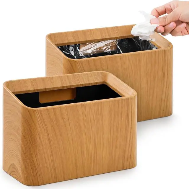 Main image of 2 Pack Mini Desk Trash Can, 0.4 Gal Double-Layer Small Garbage Bin Tabletop Trash Can with Wood Grain Finish, Slim Plastic Uncovered Countertop Waste Bin for Office Bedroom Coffee Table