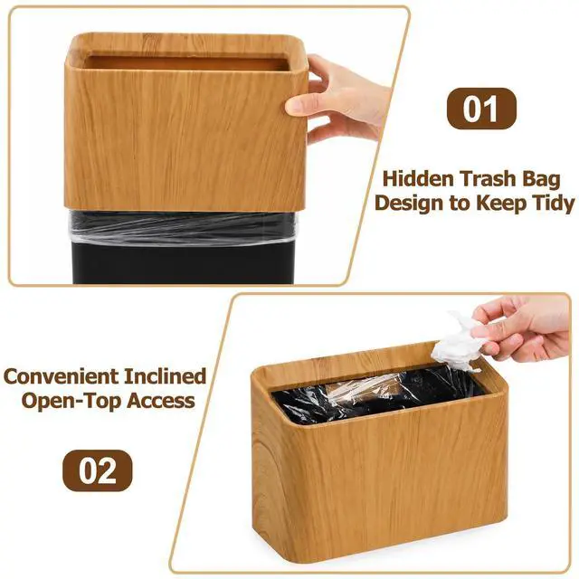Alt view image 5 of 7 - 2 Pack Mini Desk Trash Can, 0.4 Gal Double-Layer Small Garbage Bin Tabletop Trash Can with Wood Grain Finish, Slim Plastic Uncovered Countertop Waste Bin for Office Bedroom Coffee Table
