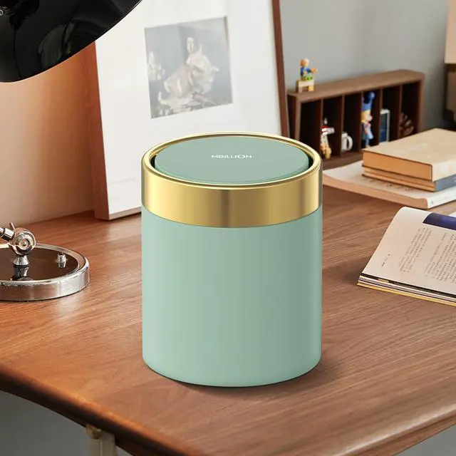 Alt view image 4 of 5 - Mini Trash Can with Lid, Desktop Small Trash Can Recycling Bin Cute Metal Garbage Can for Tabletop Countertop Use,Stainless Steel 0.4Gal/1.5L Waste Bin for Office Parlor Car Bedroom,Light Green