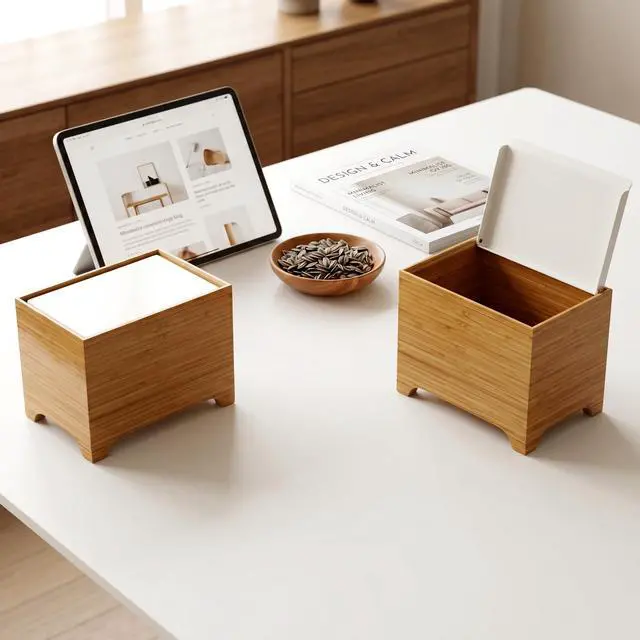 Alt view image 2 of 7 - Mini Trash Can with Lid, Bamboo Desktop Small Trash Can Recycling Bin Cute Metal Garbage Can for Tabletop Countertop Use,Stainless Steel 1.2Gal/4.5L Waste Bin for Office Parlor Car Bedroom