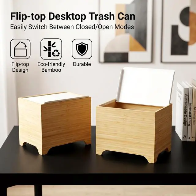 Alt view image 7 of 7 - Mini Trash Can with Lid, Bamboo Desktop Small Trash Can Recycling Bin Cute Metal Garbage Can for Tabletop Countertop Use,Stainless Steel 1.2Gal/4.5L Waste Bin for Office Parlor Car Bedroom