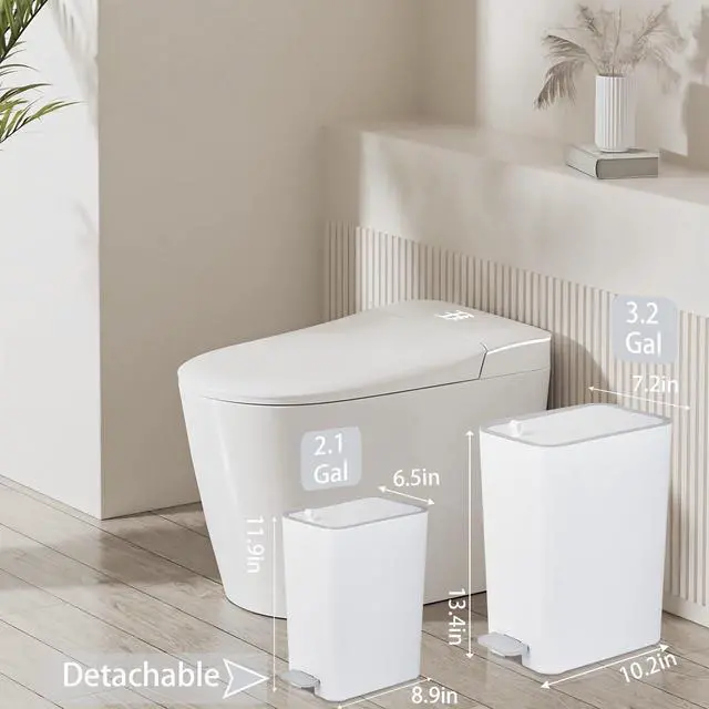 Alt view image 2 of 7 - Small Bathroom Trash Can with Lid, 2.1 Gallon Step Garbage Can with Handle, Slim Mini Wastebasket Bin for Bedroom, Office, Dorm, White
