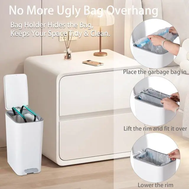 Alt view image 5 of 7 - Small Bathroom Trash Can with Lid, 2.1 Gallon Step Garbage Can with Handle, Slim Mini Wastebasket Bin for Bedroom, Office, Dorm, White