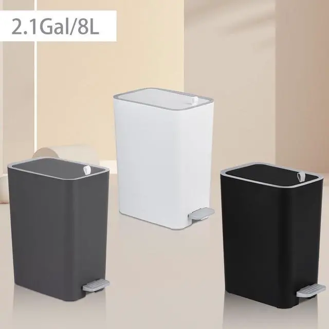 Alt view image 7 of 7 - Small Bathroom Trash Can with Lid, 2.1 Gallon Step Garbage Can with Handle, Slim Mini Wastebasket Bin for Bedroom, Office, Dorm, White