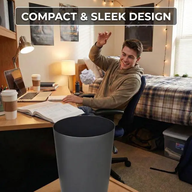 Alt view image 2 of 7 - Mini Waste Basket - Durable Small Plastic Garbage Trash Can Bin - Lidless Open-Top, Slim Profile for Compact Spaces - Suitable for Home, Bathroom, Office, Bedroom, Kitchen and More, Grey